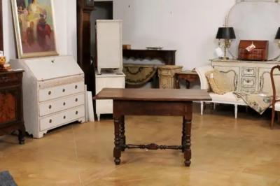 French Louis XIII Style 19th Century Walnut Table with Turned Legs and Stretcher