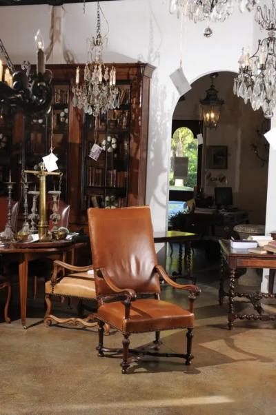 French Louis XIV Style Late 19th Century Beech Fauteuil with Leather Upholstery