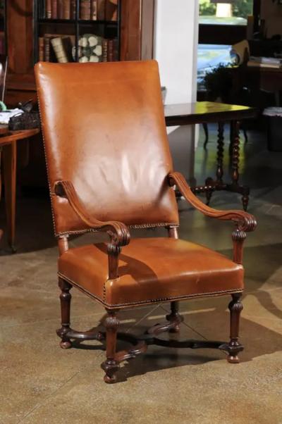 French Louis XIV Style Late 19th Century Beech Fauteuil with Leather Upholstery