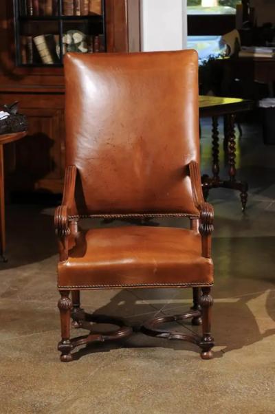 French Louis XIV Style Late 19th Century Beech Fauteuil with Leather Upholstery