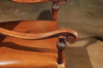 French Louis XIV Style Late 19th Century Beech Fauteuil with Leather Upholstery