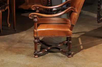 French Louis XIV Style Late 19th Century Beech Fauteuil with Leather Upholstery