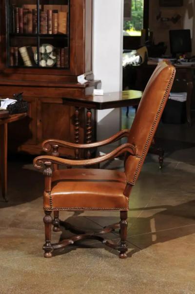 French Louis XIV Style Late 19th Century Beech Fauteuil with Leather Upholstery
