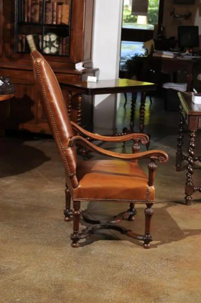 French Louis XIV Style Late 19th Century Beech Fauteuil with Leather Upholstery