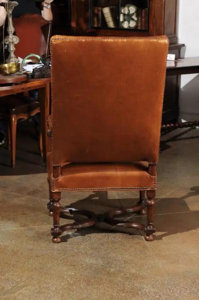 French Louis XIV Style Late 19th Century Beech Fauteuil with Leather Upholstery
