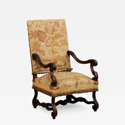 French Louis XIV Style Walnut Fauteuil with Carved Arms and Scrolling Legs
