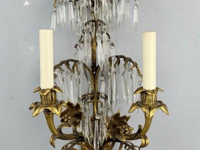 French Louis XV Bronze Cut Crystal Large Wall Sconces France 1930s