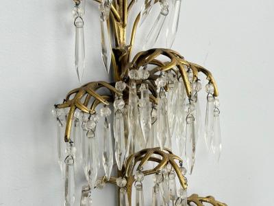 French Louis XV Bronze Cut Crystal Large Wall Sconces France 1930s