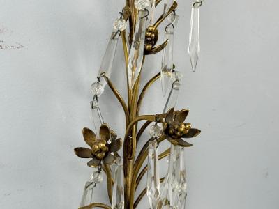 French Louis XV Bronze Cut Crystal Large Wall Sconces France 1930s