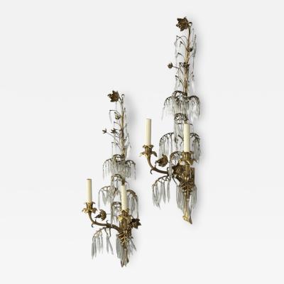 French Louis XV Bronze Cut Crystal Large Wall Sconces France 1930s