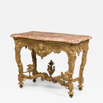French Louis XV Ornately Carved Giltwood Console Table with Marble Top