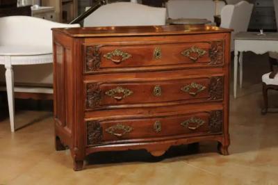 French Louis XV Period 1730s Walnut Three Drawer Commode from Lyon with Foliage