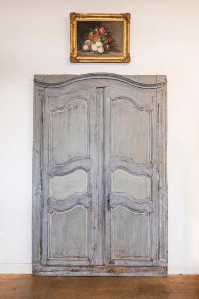 French Louis XV Period 1750s Blue Gray Painted and Carved Wooden Double Doors