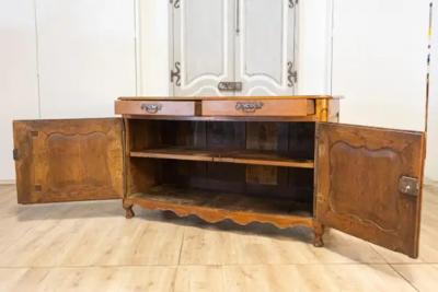 French Louis XV Period 1770s Walnut Buffet with Drawers Carved Doors and Skirt