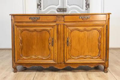 French Louis XV Period 1770s Walnut Buffet with Drawers Carved Doors and Skirt