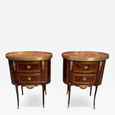 French Louis XV Side Tables Marquetry Marble Brass France 1930s