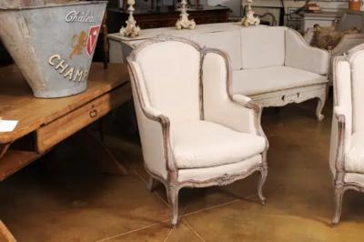 French Louis XV Style 1880s Painted Berg re Chairs with Carved Floral Motifs