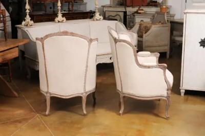 French Louis XV Style 1880s Painted Berg re Chairs with Carved Floral Motifs