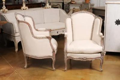 French Louis XV Style 1880s Painted Berg re Chairs with Carved Floral Motifs