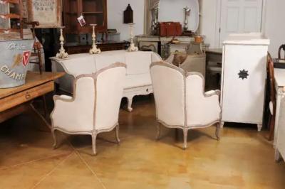 French Louis XV Style 1880s Painted Berg re Chairs with Carved Floral Motifs