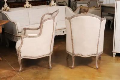 French Louis XV Style 1880s Painted Berg re Chairs with Carved Floral Motifs