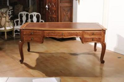French Louis XV Style 19th Century Burr Walnut and Leather Top Four Drawer Desk