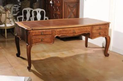 French Louis XV Style 19th Century Burr Walnut and Leather Top Four Drawer Desk
