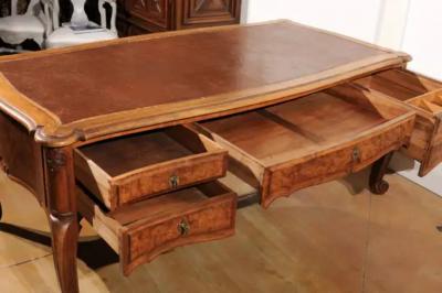 French Louis XV Style 19th Century Burr Walnut and Leather Top Four Drawer Desk