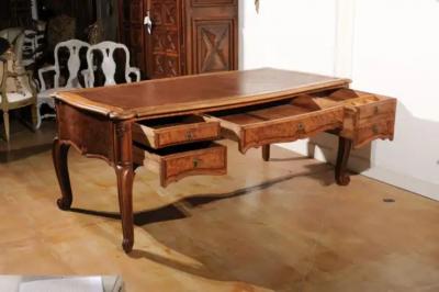 French Louis XV Style 19th Century Burr Walnut and Leather Top Four Drawer Desk