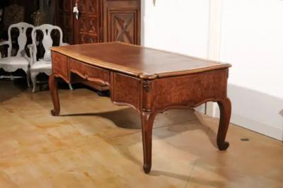 French Louis XV Style 19th Century Burr Walnut and Leather Top Four Drawer Desk