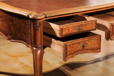 French Louis XV Style 19th Century Burr Walnut and Leather Top Four Drawer Desk
