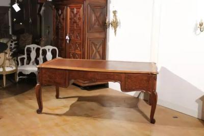 French Louis XV Style 19th Century Burr Walnut and Leather Top Four Drawer Desk