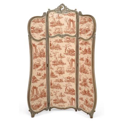 French Louis XV Style 3 Fold Screen with Toile Upholstered Panels