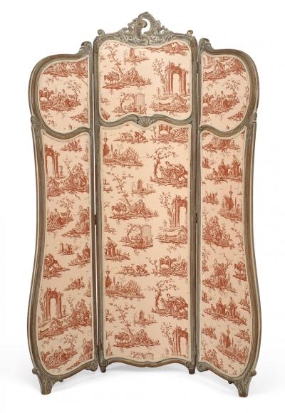 French Louis XV Style 3 Fold Screen with Toile Upholstered Panels