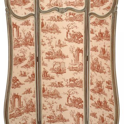 French Louis XV Style 3 Fold Screen with Toile Upholstered Panels