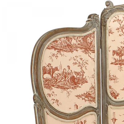 French Louis XV Style 3 Fold Screen with Toile Upholstered Panels