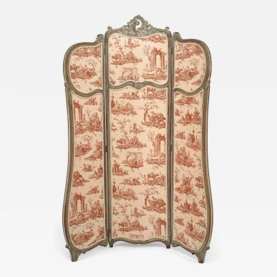 French Louis XV Style 3 Fold Screen with Toile Upholstered Panels