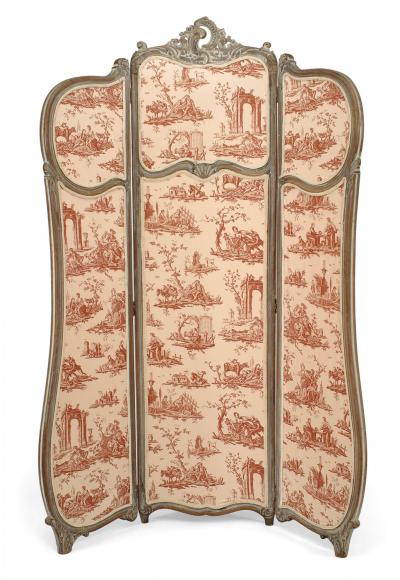 French Louis XV Style 3 Fold Screen with Toile Upholstered Panels