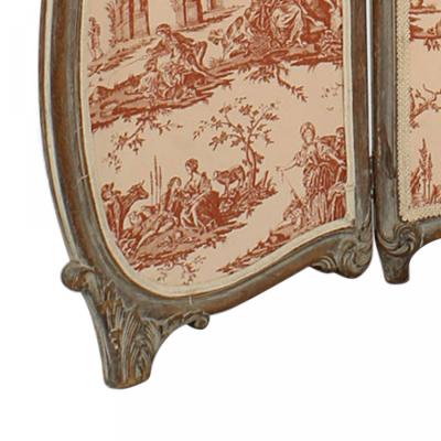 French Louis XV Style 3 Fold Screen with Toile Upholstered Panels