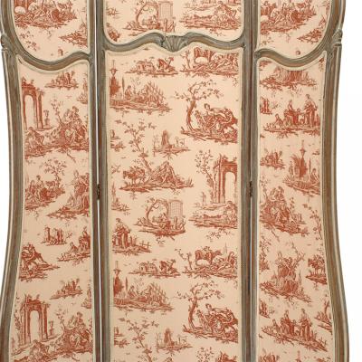 French Louis XV Style 3 Fold Screen with Toile Upholstered Panels