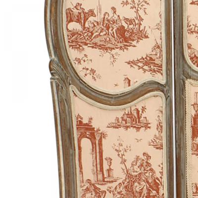 French Louis XV Style 3 Fold Screen with Toile Upholstered Panels