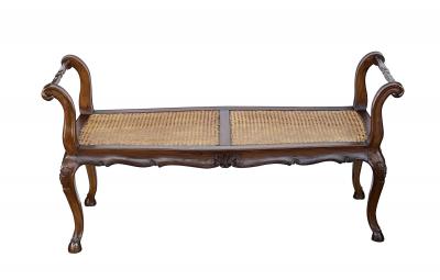 French Louis XV Style Double seat Walnut Bench with Caned Seat