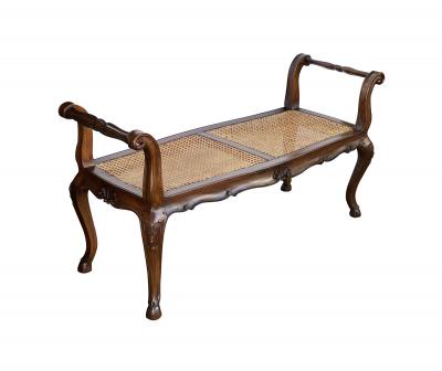 French Louis XV Style Double seat Walnut Bench with Caned Seat