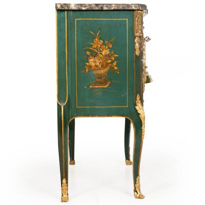 French Louis XV Style Green Chinoiserie Commode Chest of Drawers