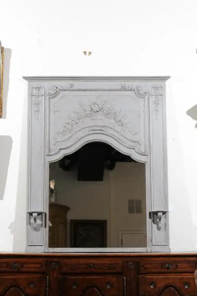 French Louis XV Style Grey Painted Trumeau Mirror with Carved Floral Decor