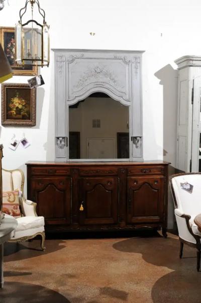 French Louis XV Style Grey Painted Trumeau Mirror with Carved Floral Decor