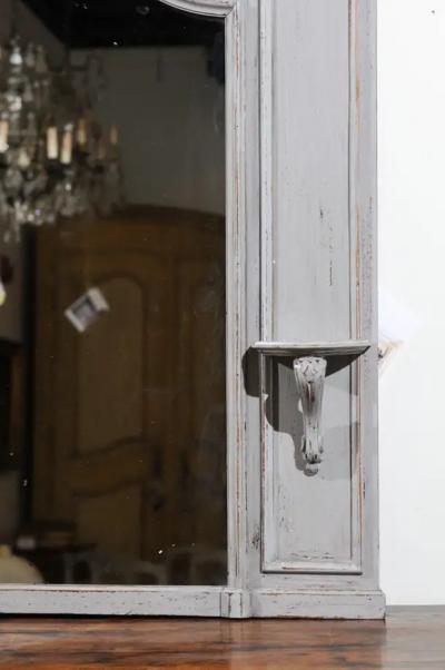 French Louis XV Style Grey Painted Trumeau Mirror with Carved Floral Decor