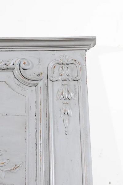 French Louis XV Style Grey Painted Trumeau Mirror with Carved Floral Decor