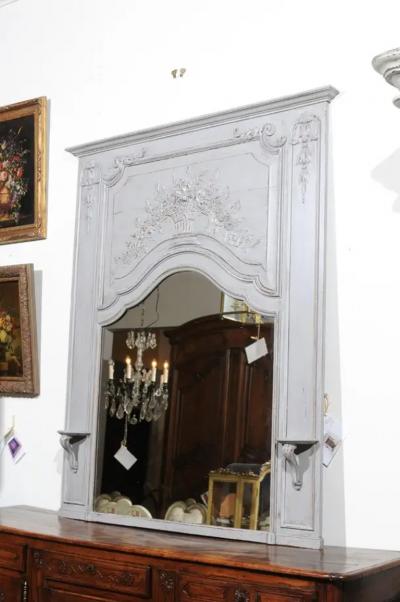 French Louis XV Style Grey Painted Trumeau Mirror with Carved Floral Decor