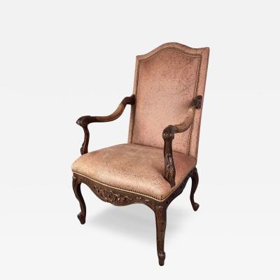 French Louis XV Style Mahogany Armchair with Embossed Salmon Pink Leather